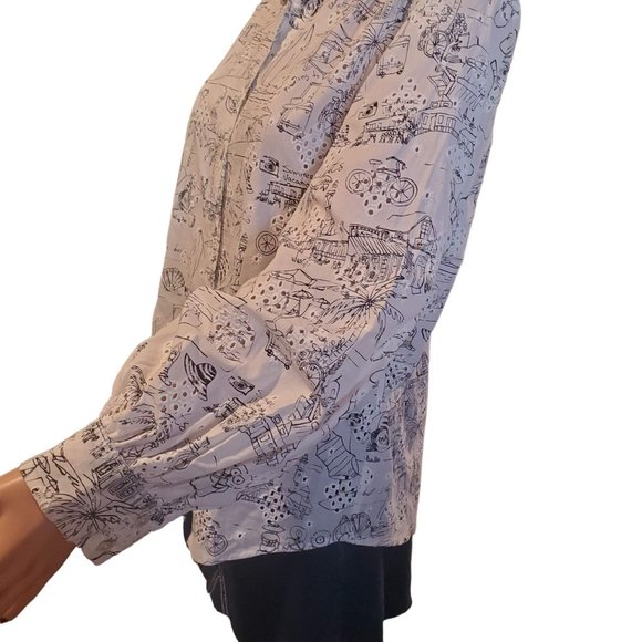 Chico's Sz 12/14 Novelty Vacation Print Eyelet Button Up Balloon Sleeve Top - Picture 4 of 11